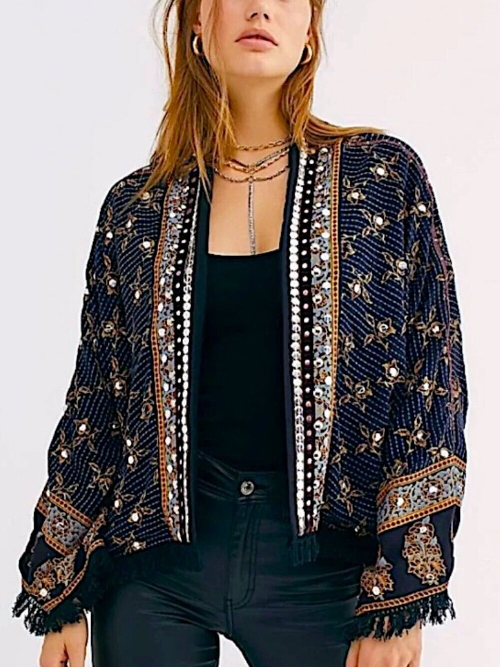 FREE PEOPLE Rays of Light Oversized Sequined Open Kimono Jacket Lined Boho
